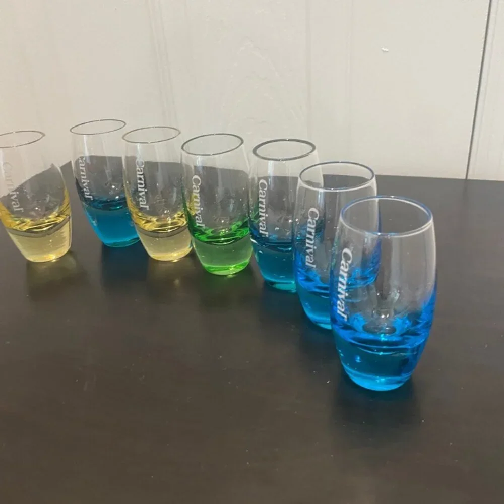 Carnival Cruise Line etched shot glasses SET OF 7 oval shape versatile aesthetic